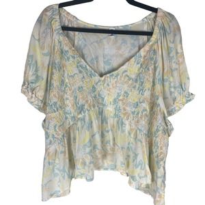 BP. Babydoll Shirred Floral Print Crop Top Blouse Teal Ivory Women's 3X NWT